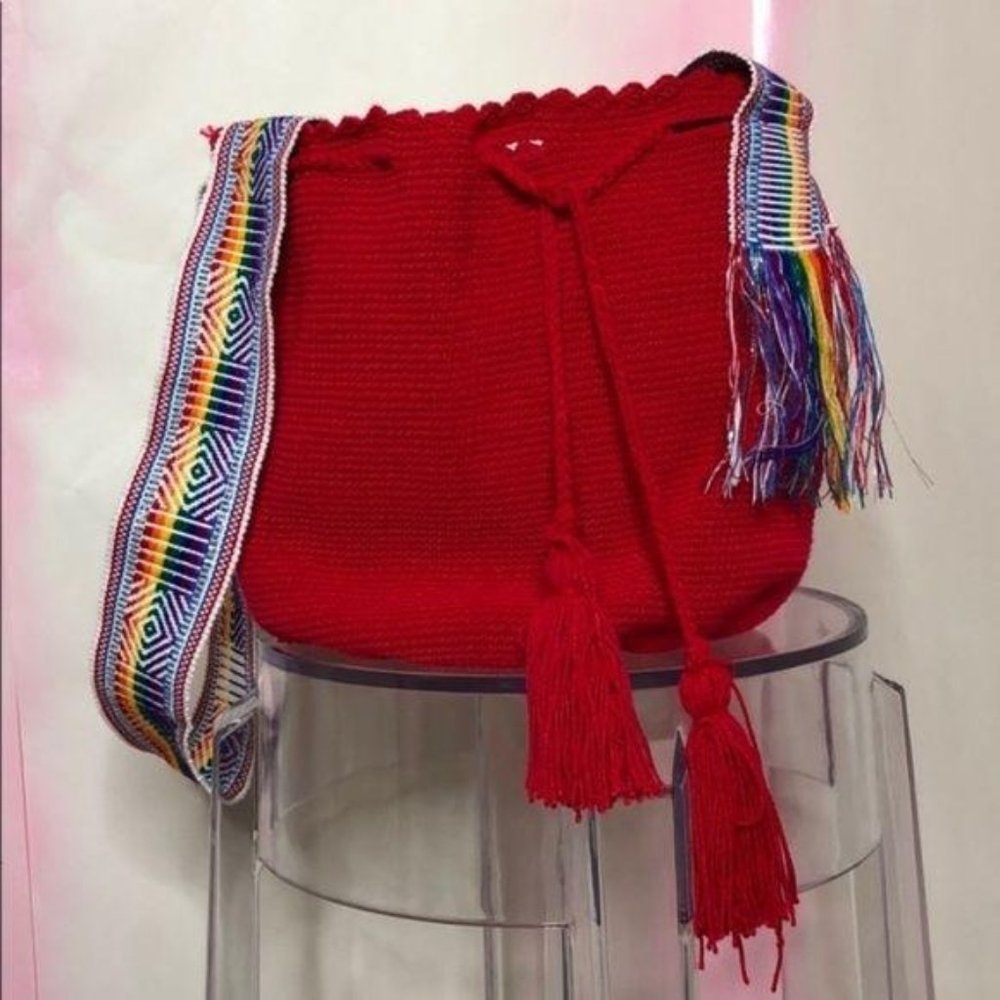 Wayuu Colombia Bucket Drawstring Mochilla Rainbow